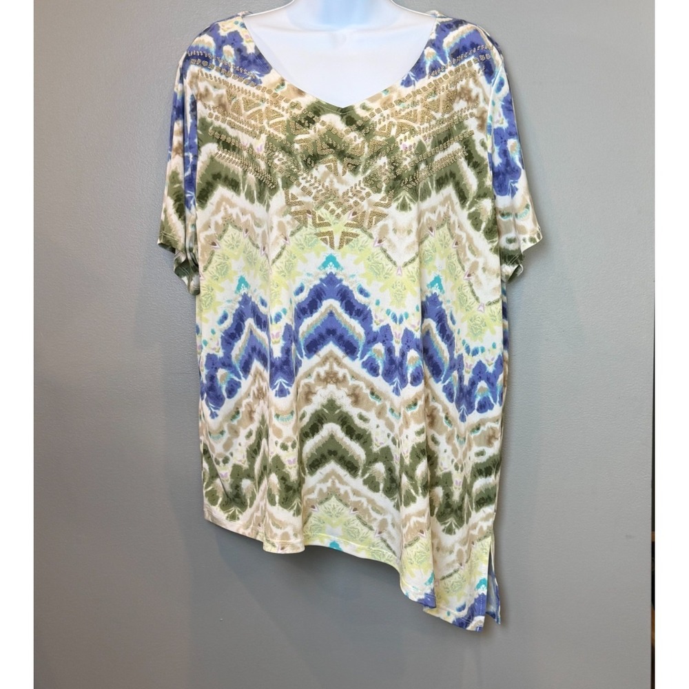 Alfred Dunner Women's XL Abstract Print Embellished V-Neck Tunic Top Blue Green